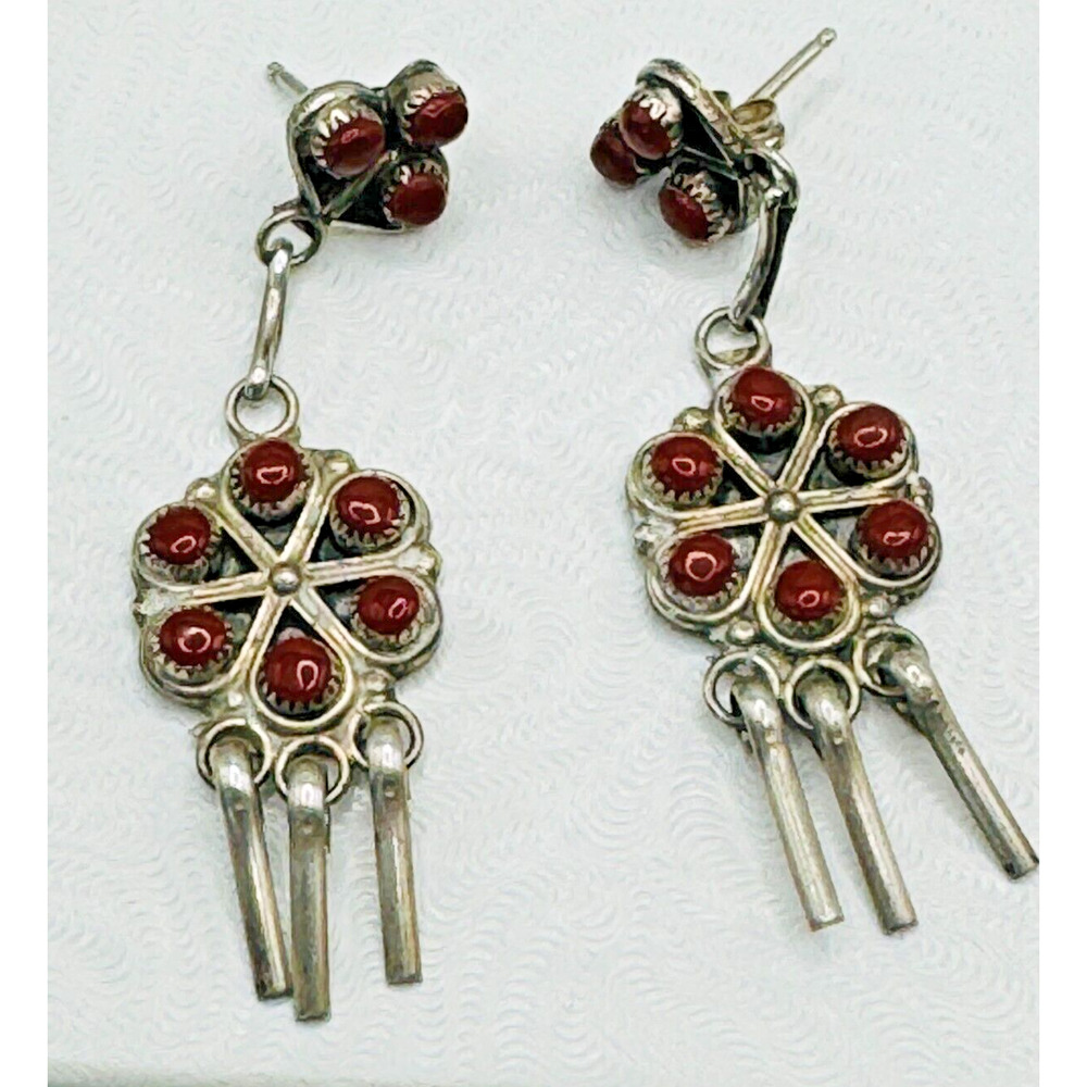 Vintage Signed Homer and Gloria Vacit Zuni 925 Sterling Coral Dangle Earrings